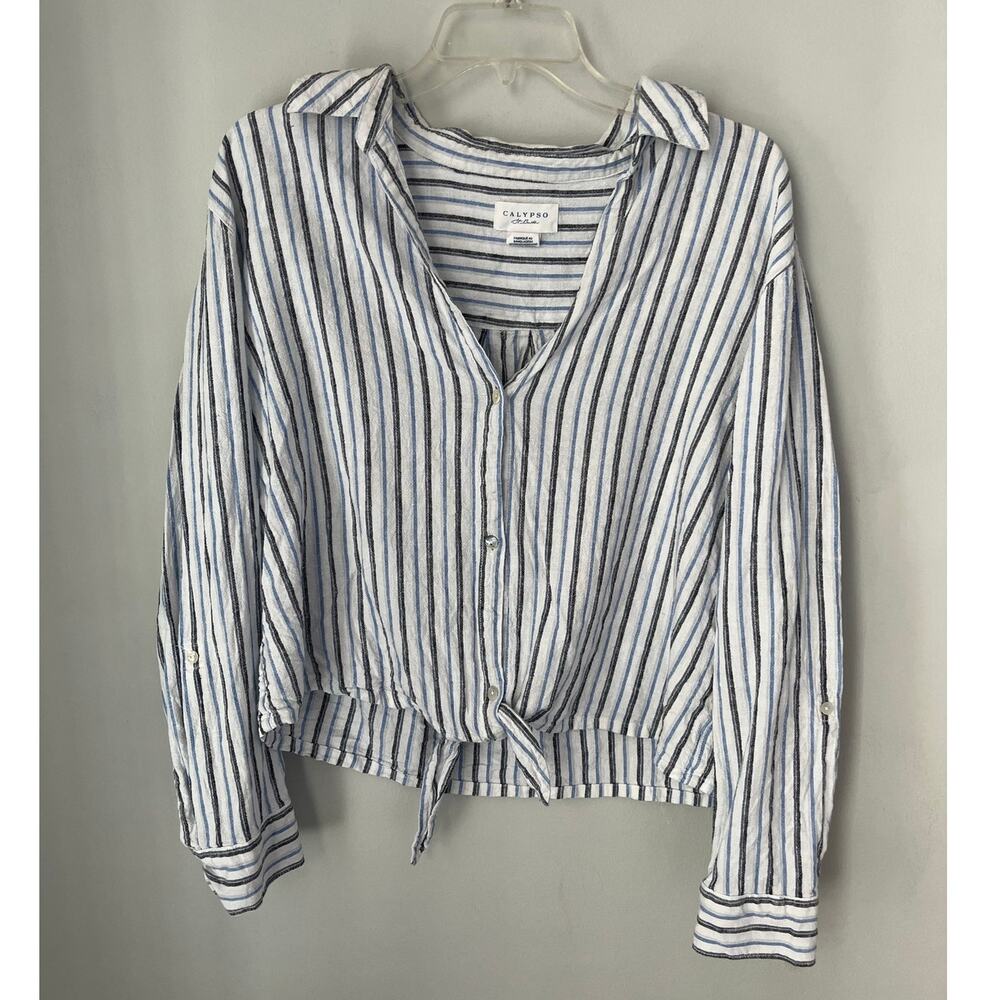 Calyspo St. Barth Top Linen Blend Front Tie Stripes Beachy Nautical Preppy XL